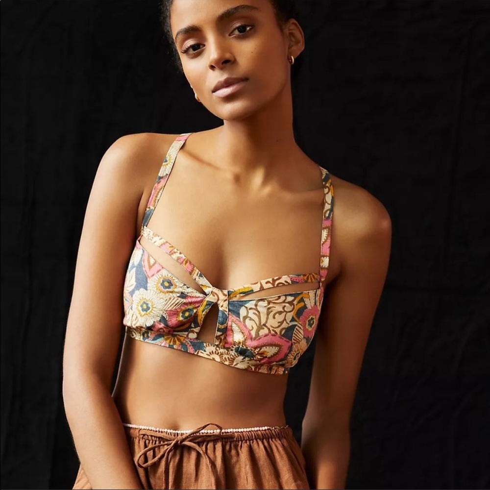 Anthropologie Multicolor Floral Cutout Bralette - Pink, Blue, Yellow, Brown